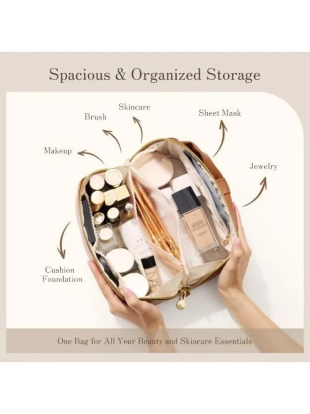 Spacious Travel Makeup Bag for Women | Wide Open Cosmetic Organizer with